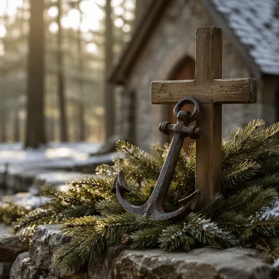 Weathered Anchor and Cross in Evergreen Hope