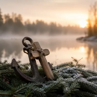 Wooden Cross and Anchor of Winter Hope
