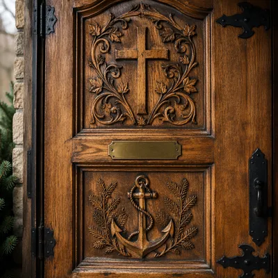 Carved Chapel Door with Anchor Cross Hope