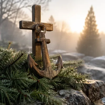 Wooden Anchor and Cross with Evergreen Hope