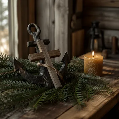 Anchor and Cross on Evergreen Boughs