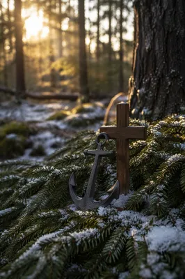 Anchor and Cross in Evergreen Snow