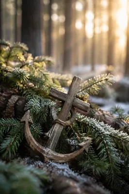 Wooden Anchor Cross Among Evergreen Frost