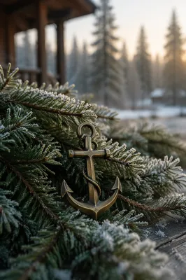 Brass Anchor Cross Among Frosted Evergreens