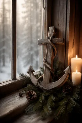 Wooden Anchor Cross on Evergreen Windowsill