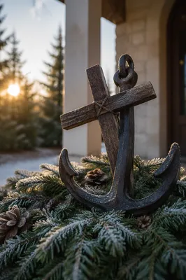 Anchor and Cross on Frosted Evergreen