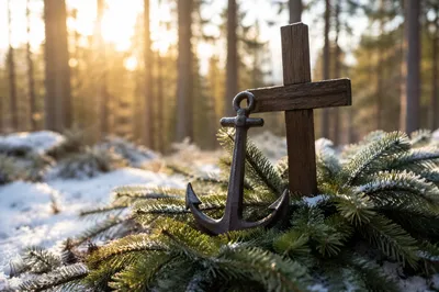 Anchor and Cross in Evergreen Snow