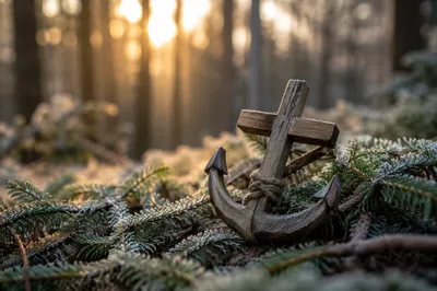 Wooden Anchor Cross Among Evergreen Frost