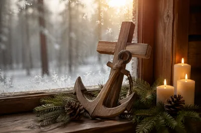 Evergreen Anchor Cross of Winter Hope