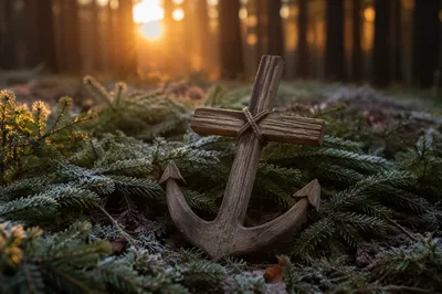 Wooden Anchor Cross Among Evergreen Boughs