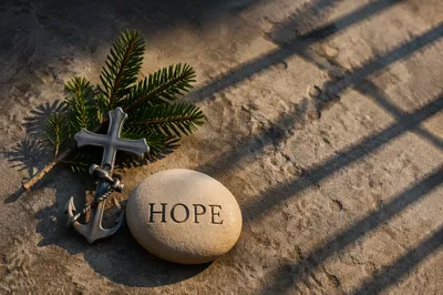 Anchor Cross and Hope Stone on Sunlit Pavement