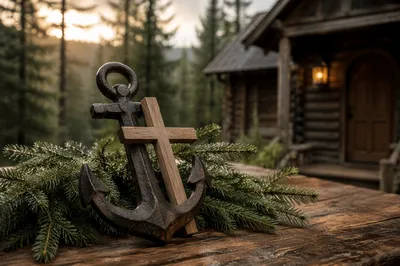 Anchor Cross Hope Symbol with Evergreen Branches