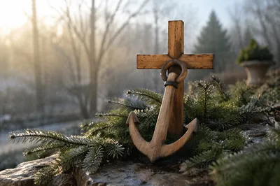 Weathered Anchor and Cross in Evergreen Hope