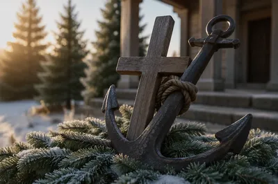 Anchor and Cross on Frosted Evergreen