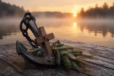 Anchor Cross Hope on Misty Evergreen Dock