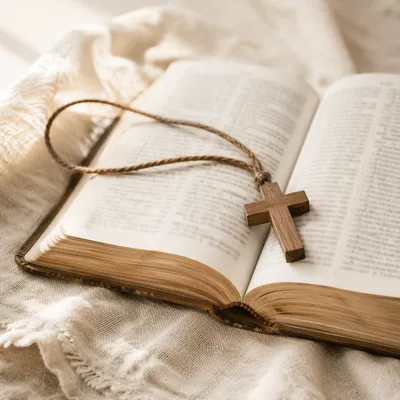 Wooden Cross on Open Bible and Linen