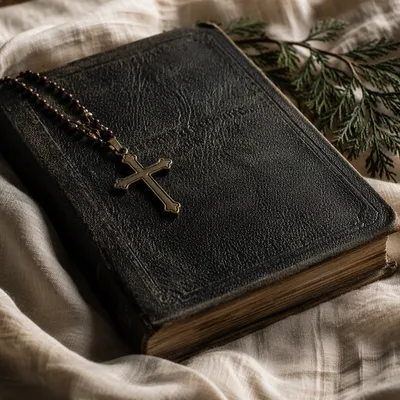 Bible and Bronze Cross on Linen