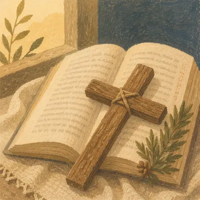 Open Bible with Cross and Evergreen Sprig