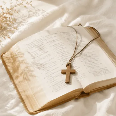 Open Bible with Wooden Cross on Linen