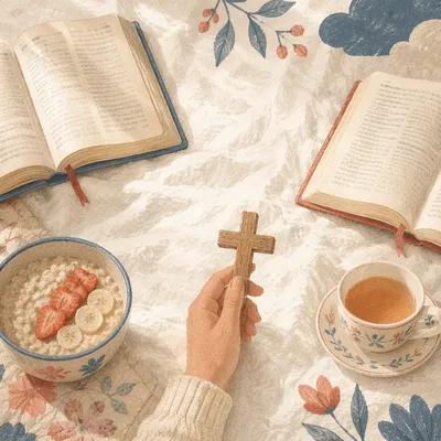 Morning Devotion with Bibles and Wooden Cross