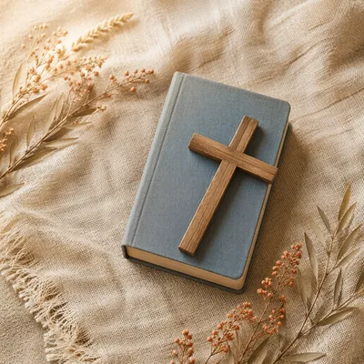 Bible and Wooden Cross on Linen Cloth