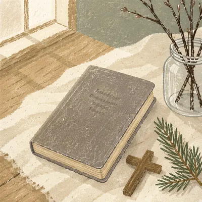 Bible and Wooden Cross on Linen