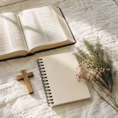 Open Bible and Wooden Cross on Linen
