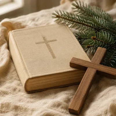 Evergreen Bible and Wooden Cross on Linen