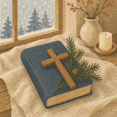 Bible and Wooden Cross on Linen