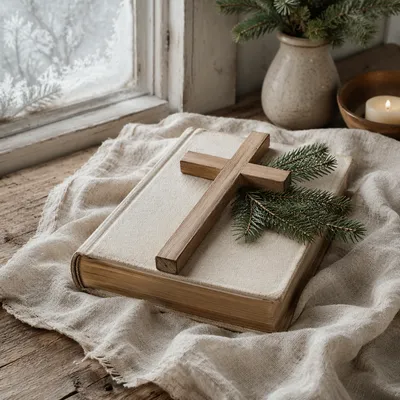 Bible and Wooden Cross on Linen