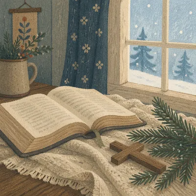 Open Bible and Wooden Cross on Linen