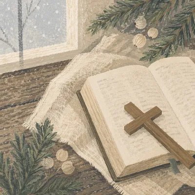 Bible and Cross on Linen with Evergreens