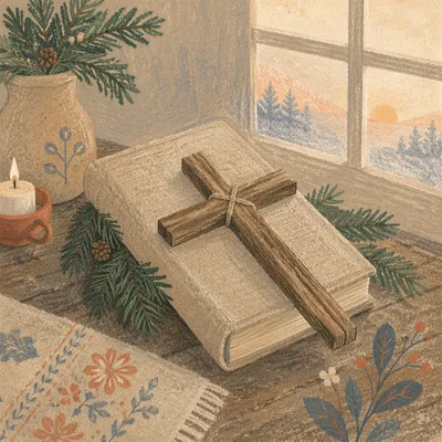 Wooden Cross and Bible on Linen