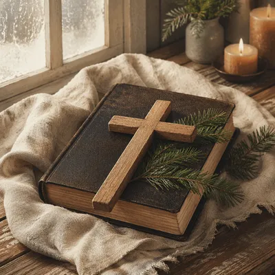Evergreen Bible and Wooden Cross on Linen