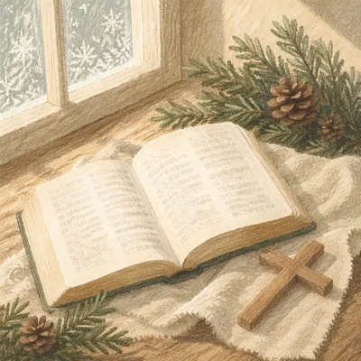 Open Bible and Wooden Cross on Linen