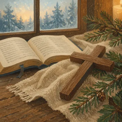 Evergreen Cross Beside Open Bible on Linen