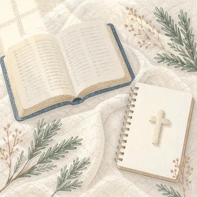 Open Bible and Ivory Cross on Linen