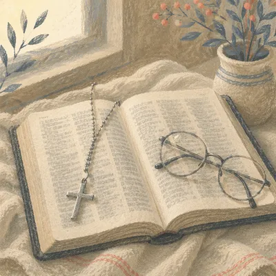 Open Bible with Silver Cross on Linen
