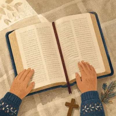 Open Bible with Wooden Cross on Linen