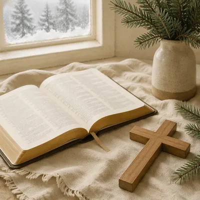 Open Bible and Wooden Cross on Linen