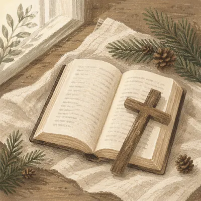 Open Bible and Wooden Cross on Linen