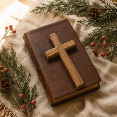 Bible and Wooden Cross on Linen