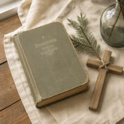 Bible and Wooden Cross on Linen