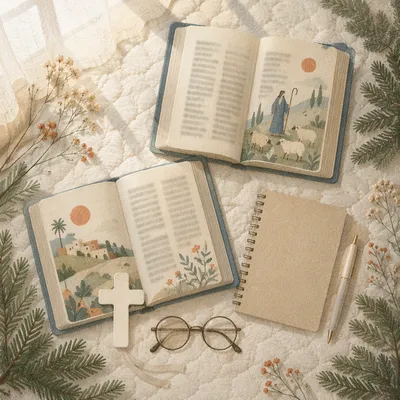Open Bible and White Cross Flat Lay