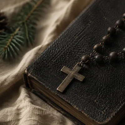 Bible and Cross on Linen Cloth