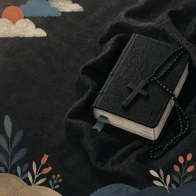 Bible and Cross on Evergreen Linen