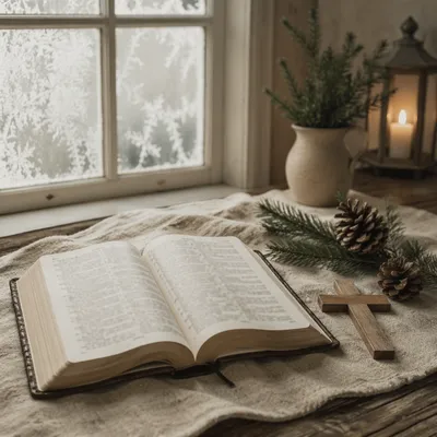 Open Bible and Cross on Linen