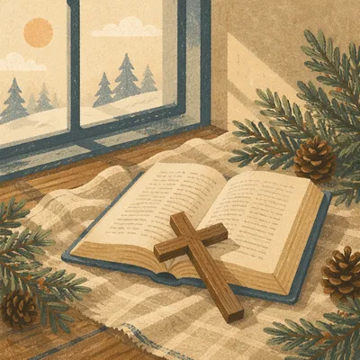 Open Bible with Cross and Evergreen