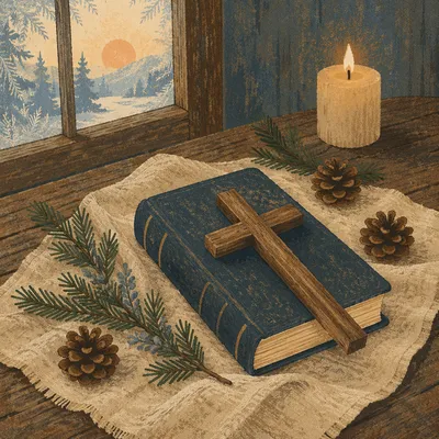 Evergreen Bible and Cross on Linen