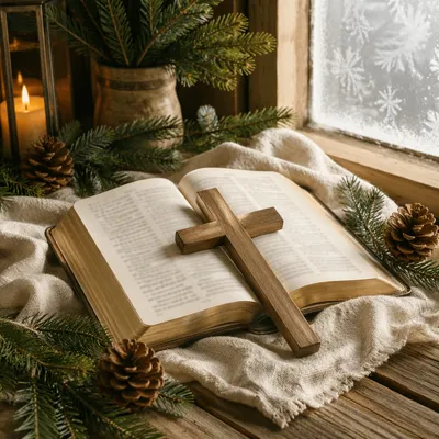 Open Bible and Wooden Cross on Linen